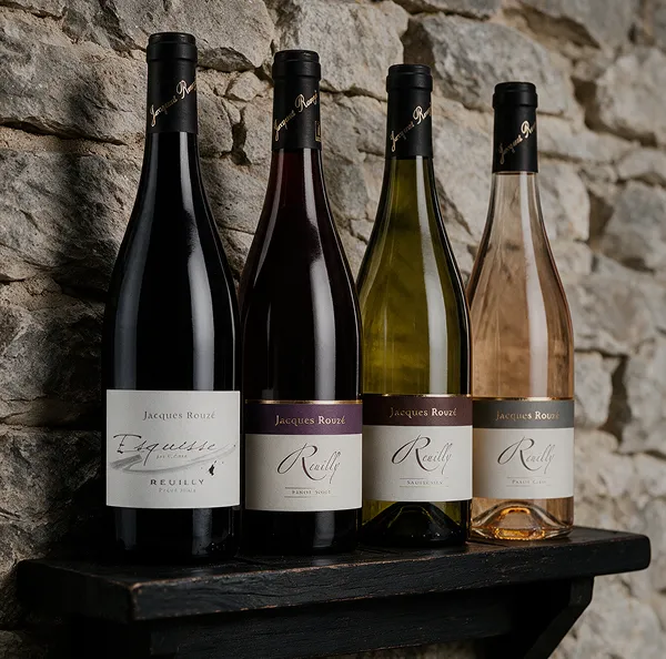 Quatre bouteilles de vin Jacques Rouzé de Reuilly posées sur une étagère rustique