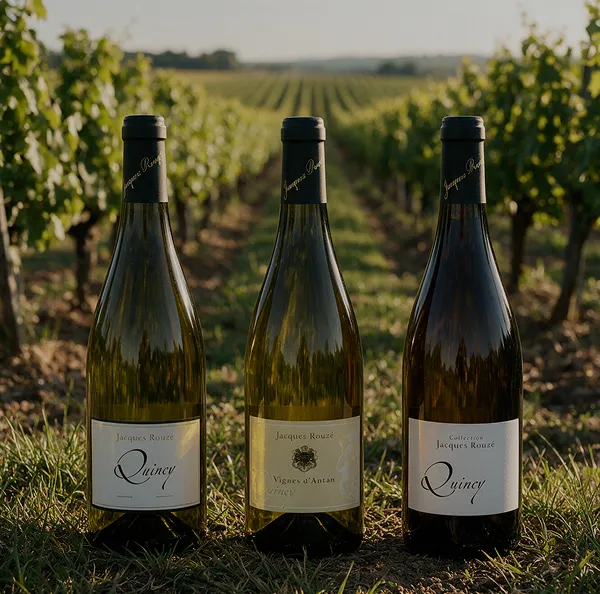 Trois bouteilles de vin Jacques Rouzé dans les vignes de Quincy au coucher du soleil